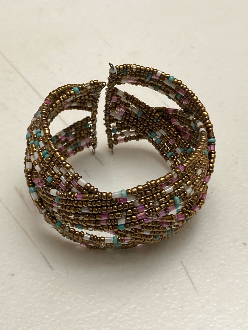 Braided Beaded Wire Gold Pastel Multicolor Wrap Cuff Bracelet